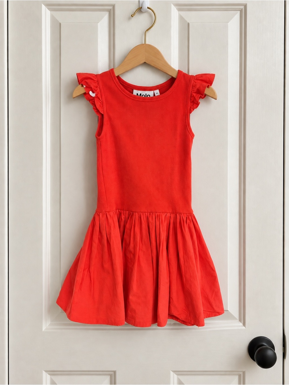 Molo Candi Dress 2Y 92cm Apple Red Ruffle Sleeve Organic Cotton